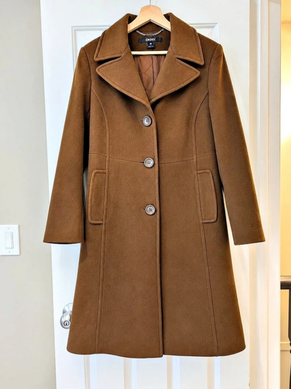 DKNY Wool Cashmere Coat Chestnut Brown S/M Vintage 90s Minimalist Quiet Luxury